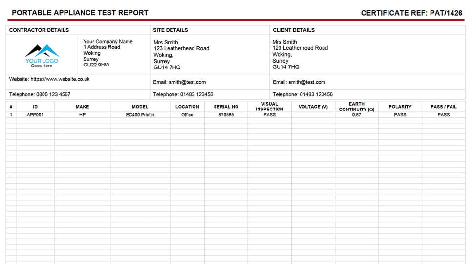 30 Appliance PAT report form