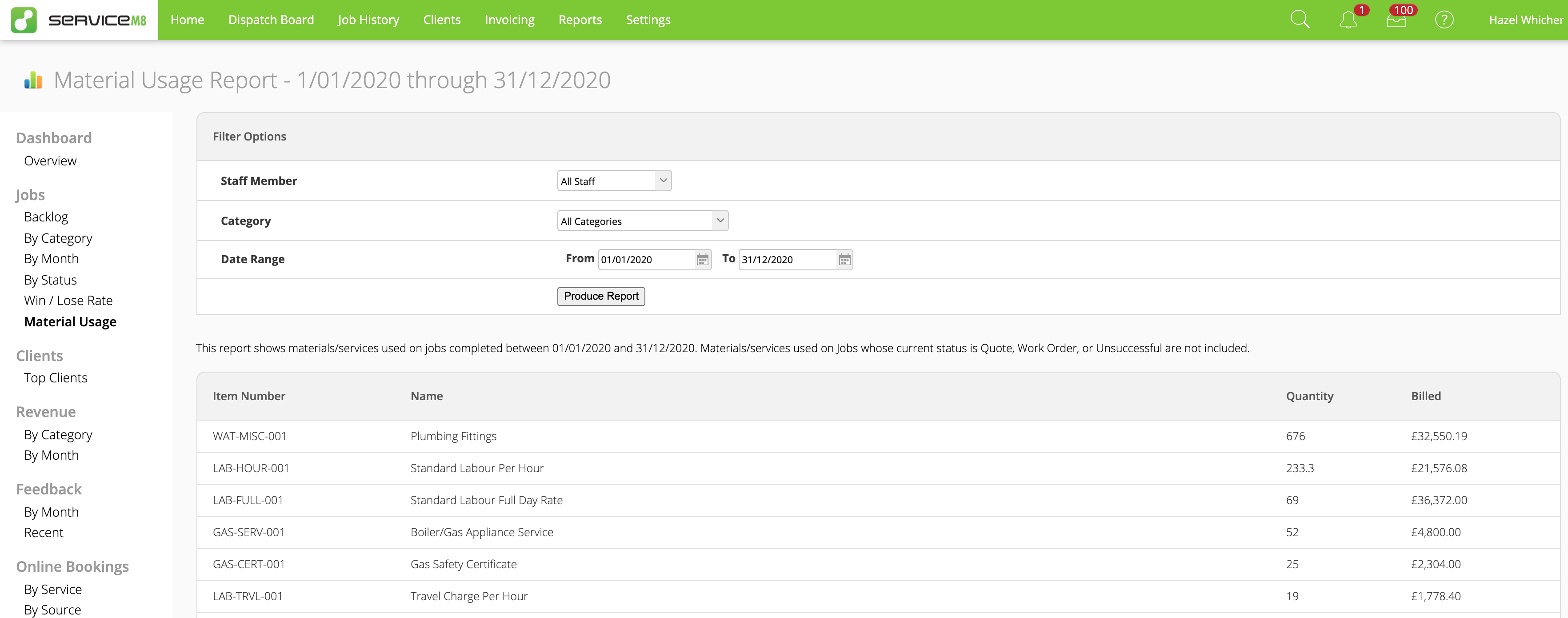 Materials Usage Report in ServiceM8