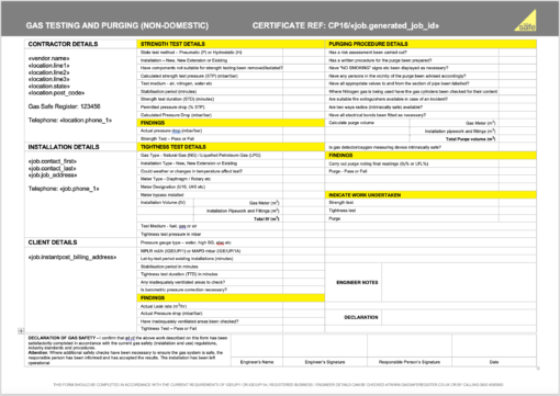 Gas Testing and Purging Non-Domestic Certificate ServiceM8 Form Screenshot