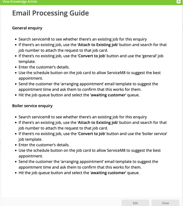 Use the ServiceM8 Knowledge add-on to create an email processing guide