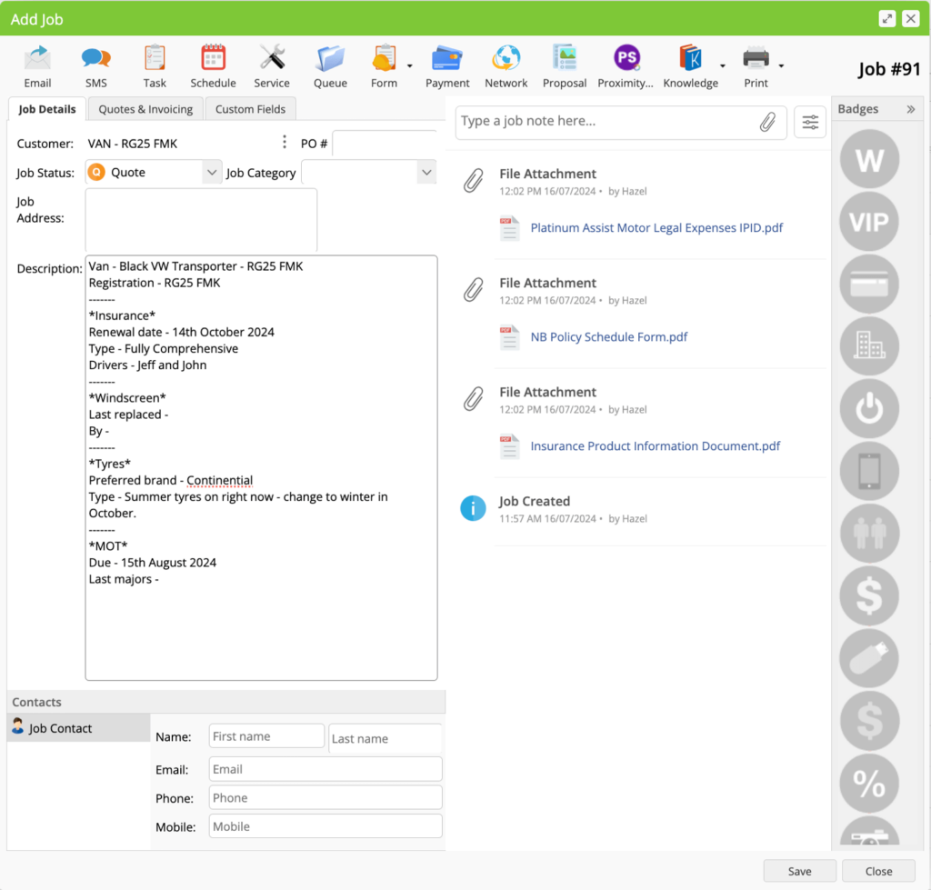 Keep track of your van information on a job card.