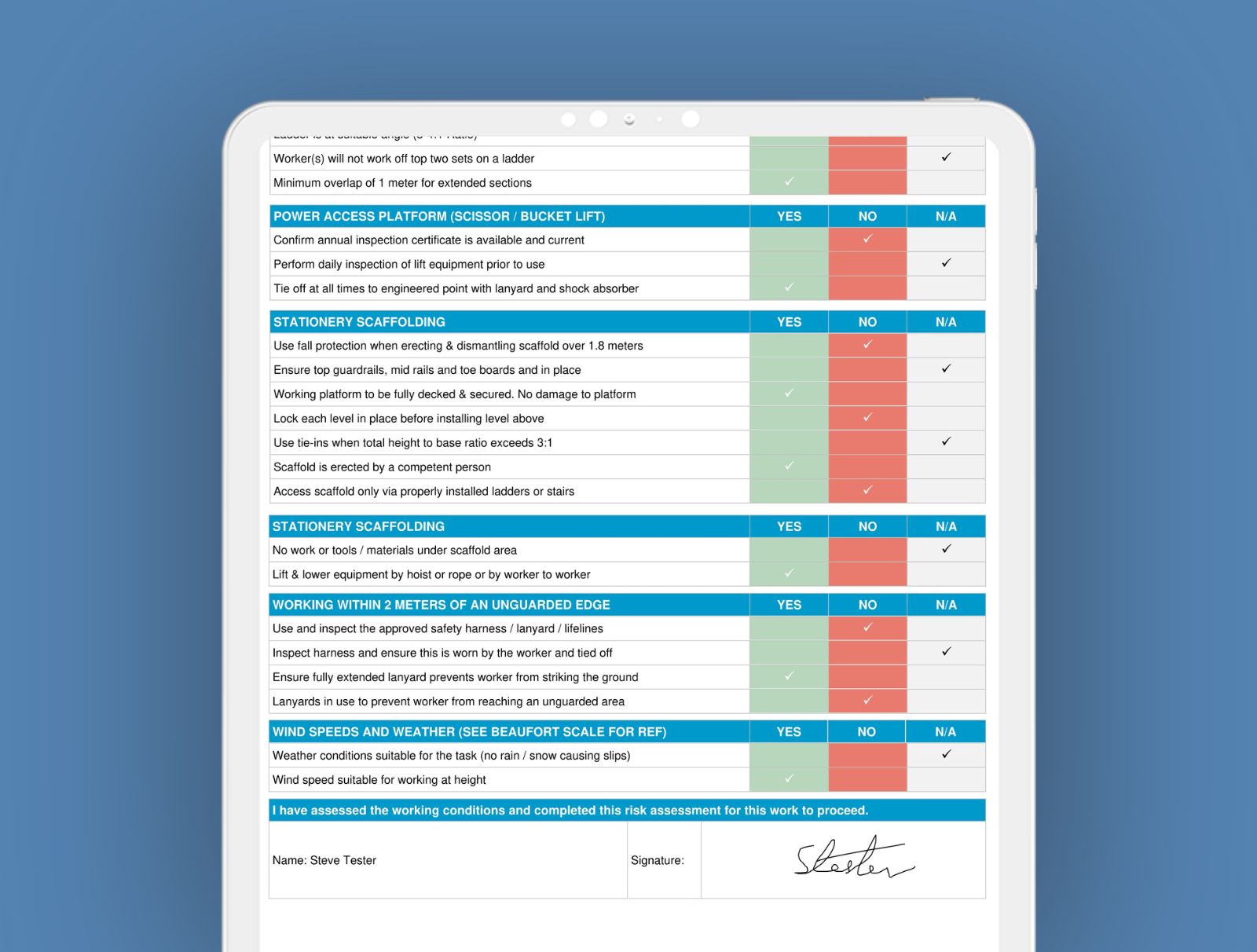 Working at Height Risk Assessment