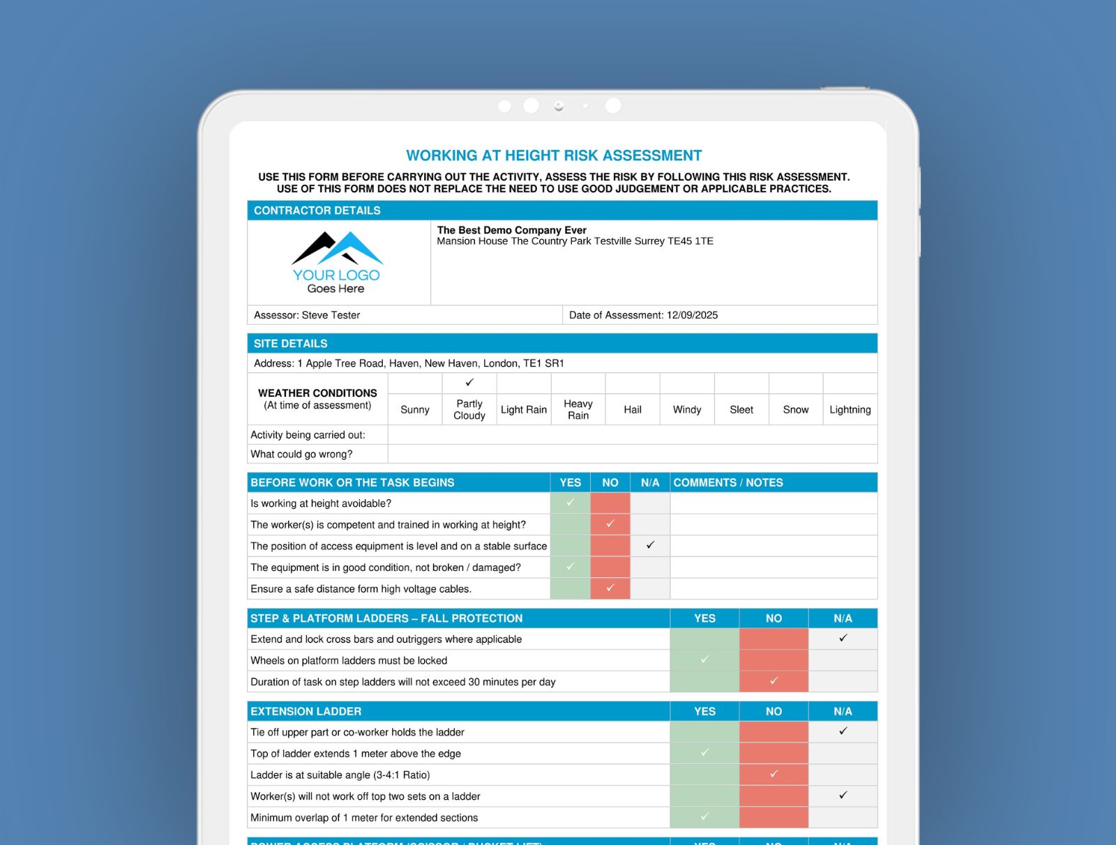 Working at Height Risk Assessment