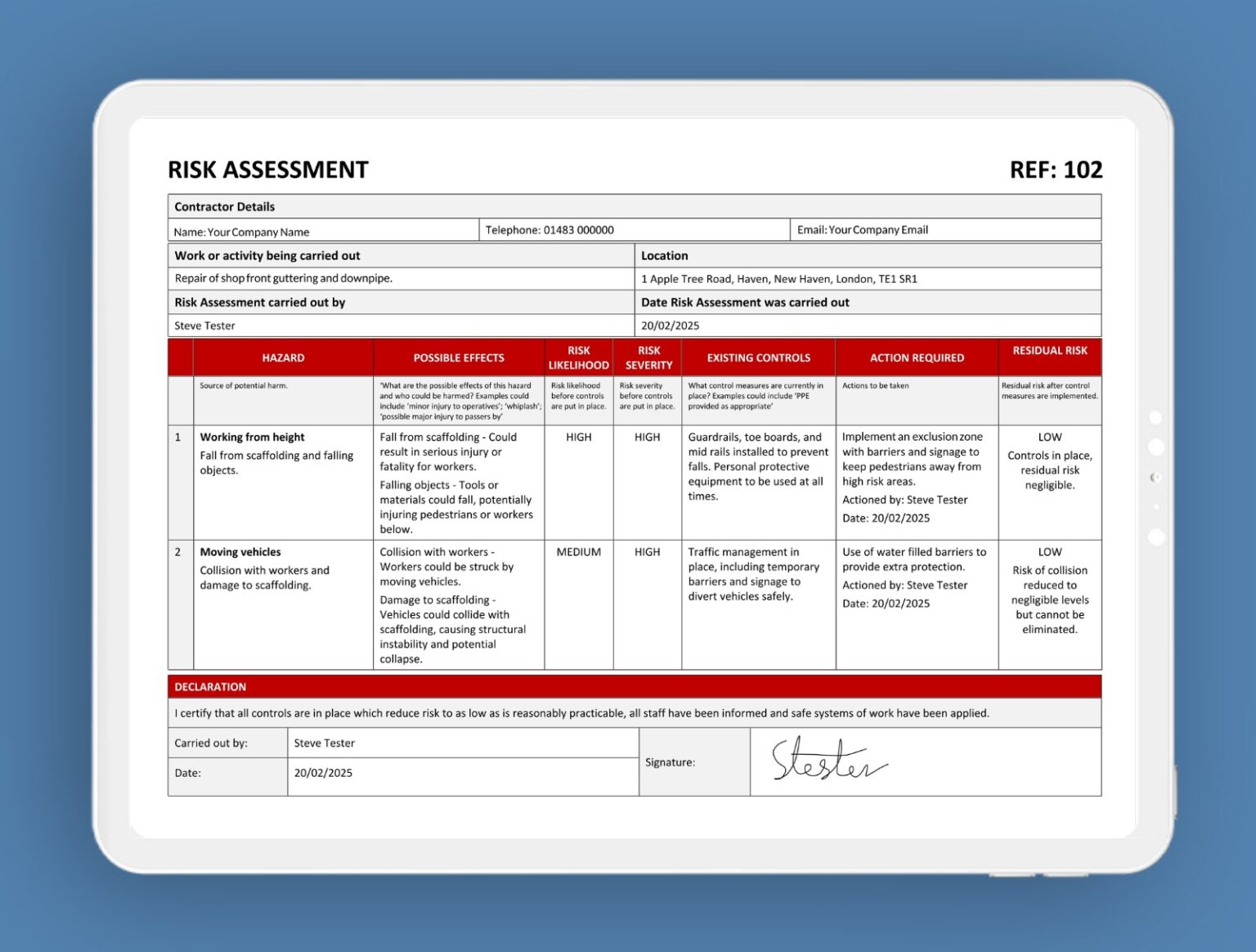 Lesser's Risk Form General Risk Assessment ServiceM8 Form