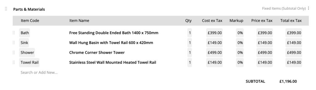 fixed items subtotal only 
