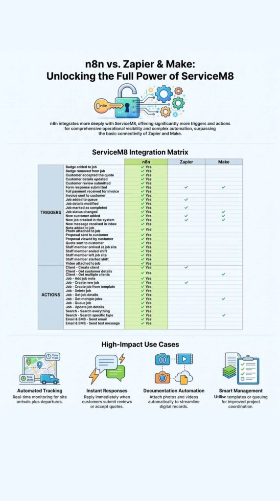 infographic comparing ServiceM8 Triggers and Actions across n8n, Zapier, and Make